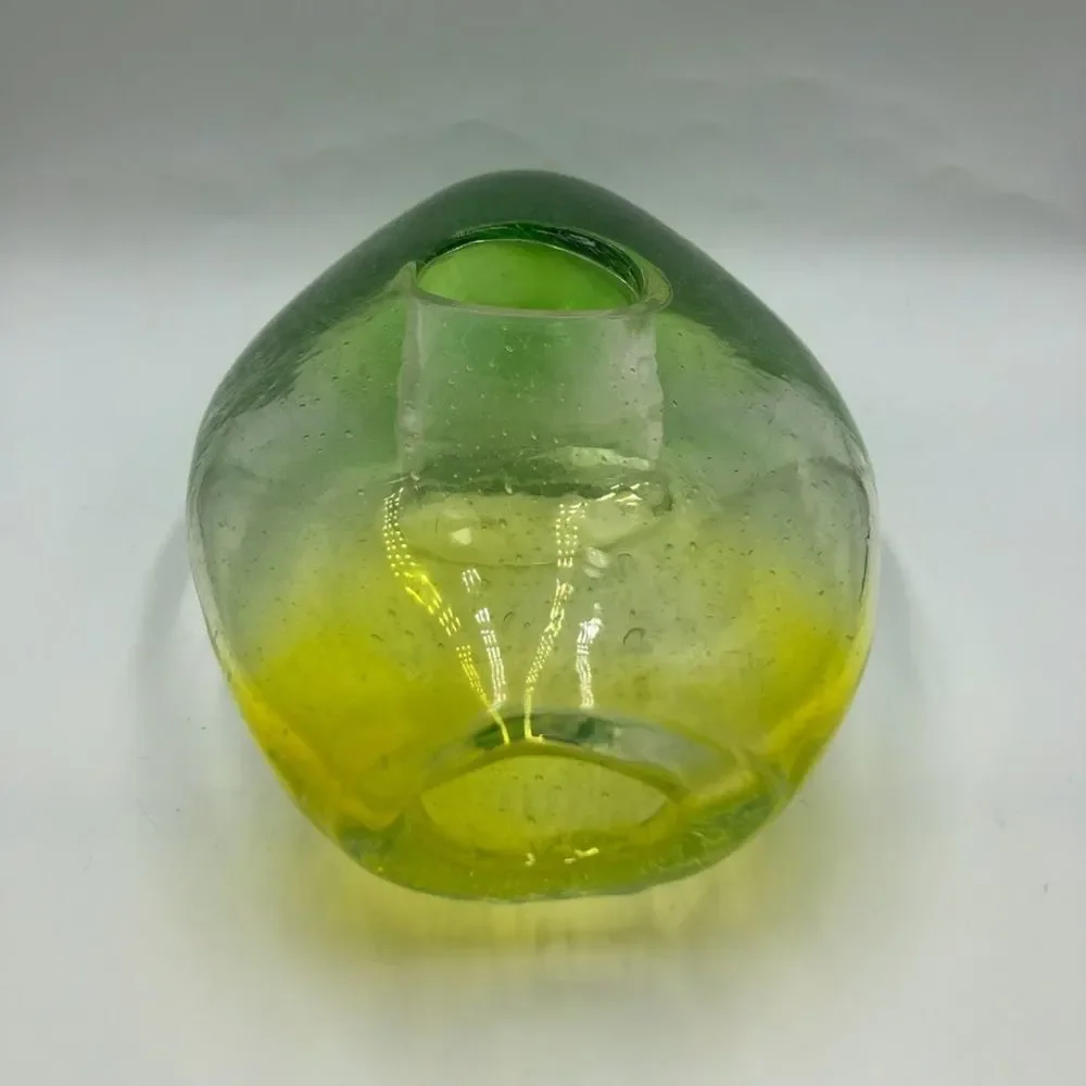 Vintage Ombre Yellow Green Clear Handblown Glass Tabletop Art Vase Décor Indoor